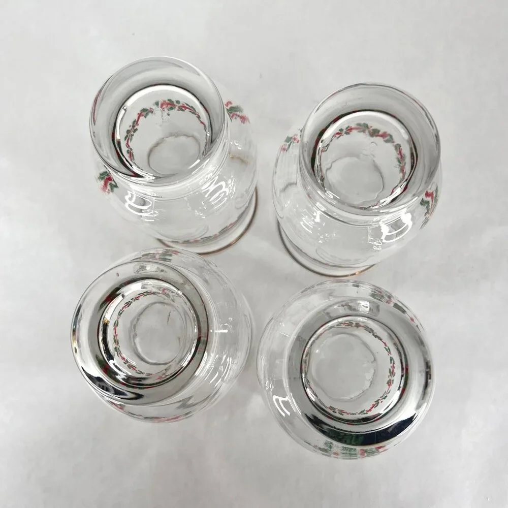 4 Libbey Christmas Holly Berry Glass Red Ribbon Tumbler Tulip Gold Rim 14 OZ VTG